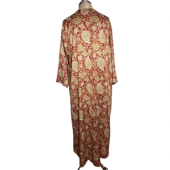 Natori Georgette Zip Front Caftan Kimono Red Gold Paisley Comfort — Large - Picture 6 of 12